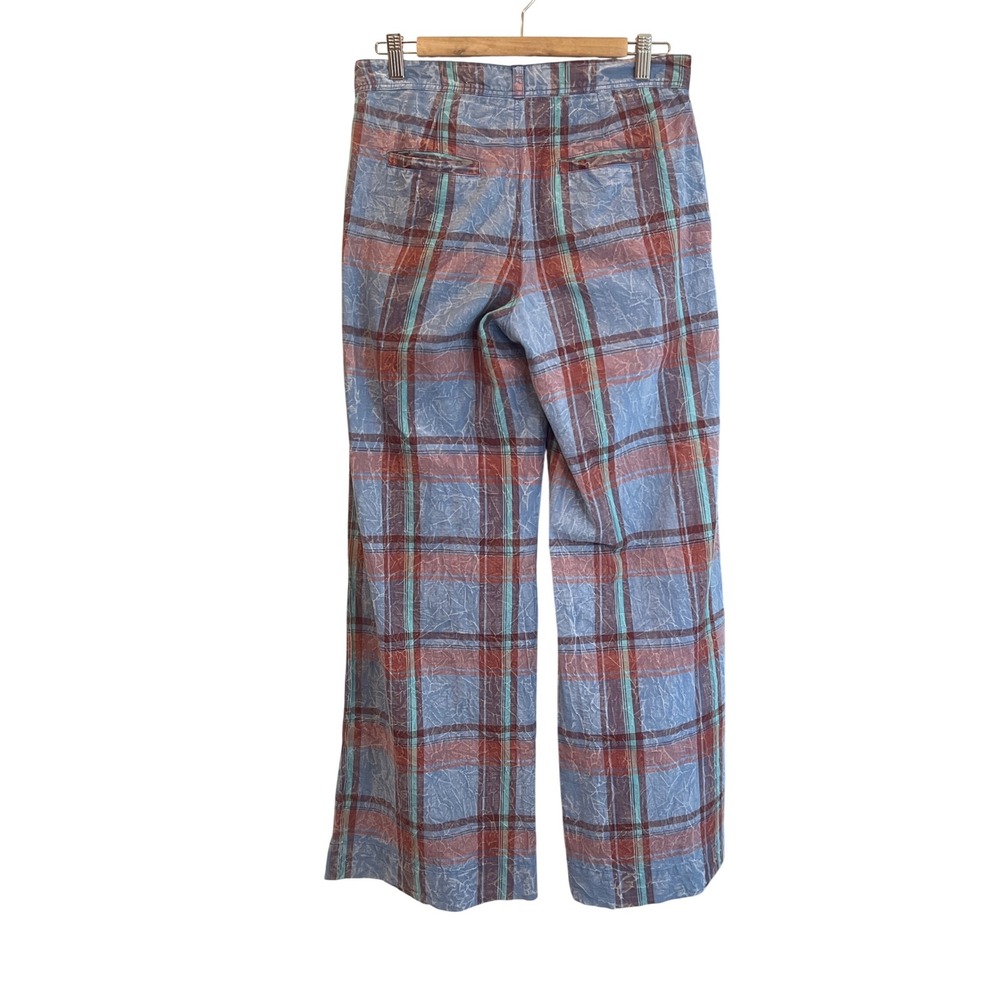 Anthropologie Plaid Wide Leg Pants Blue Red Cotton Plaid Pleated Trousers 2 - Picture 2 of 5